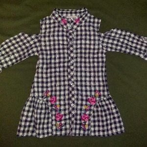 Plaid cold shoulder button up with embroidery
